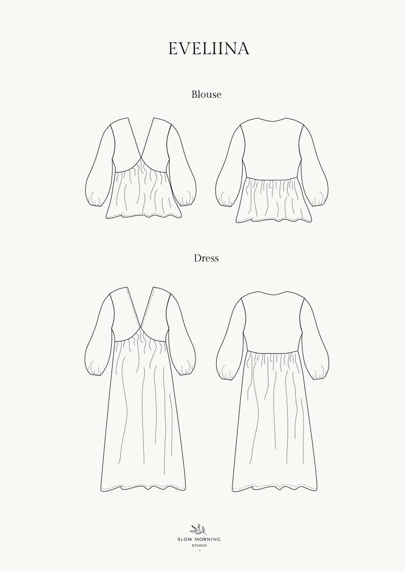 May include: Line drawing illustration of a blouse and dress pattern with a V-neck and long sleeves. The pattern is called "Evelina" and is by Slow Morning Studio.