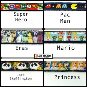 May include: A collage of colourful fabric bands with different designs, including superheroes, Pac-Man, Eras, Mario, Jack Skellington, and princesses. The bands are labelled with the corresponding themes. The text "Burn Bands by Britt" is also visible in the image.