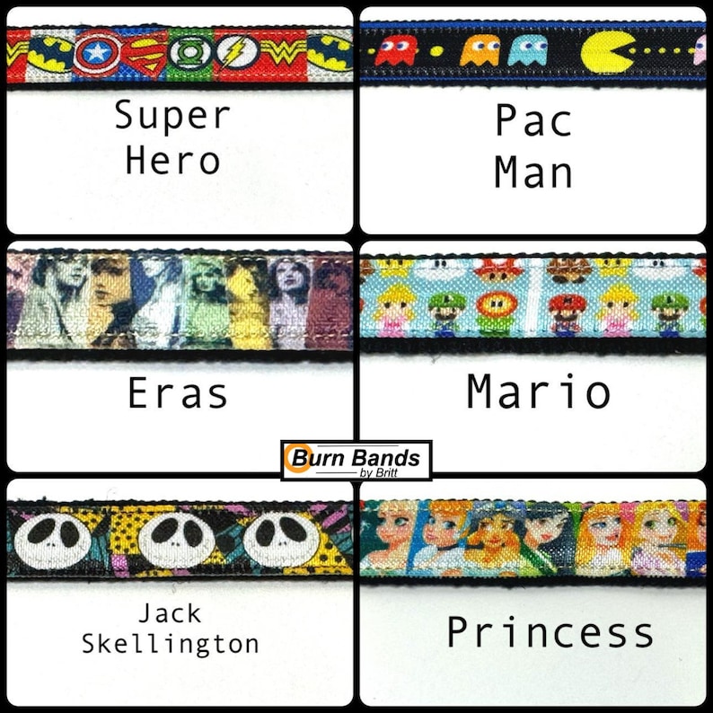 May include: A collage of colourful fabric bands with different designs, including superheroes, Pac-Man, Eras, Mario, Jack Skellington, and princesses. The bands are labelled with the corresponding themes. The text "Burn Bands by Britt" is also visible in the image.
