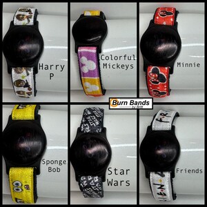May include: Ten different colourful silicone wristbands with various cartoon characters and designs. The wristbands feature a black watch face with a digital display. The designs include Harry Potter, SpongeBob SquarePants, Star Wars, Minnie Mouse, Colorful Mickeys, and Friends.