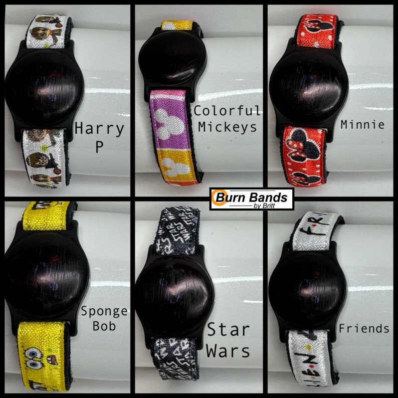 May include: Ten different colourful silicone wristbands with various cartoon characters and designs. The wristbands feature a black watch face with a digital display. The designs include Harry Potter, SpongeBob SquarePants, Star Wars, Minnie Mouse, Colorful Mickeys, and Friends.