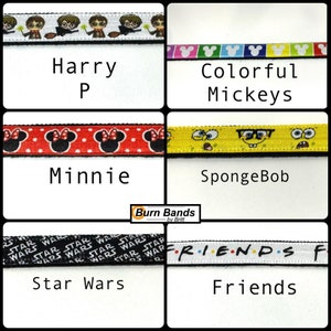 May include: A collage of six different colourful fabric ribbon designs. The designs include Harry Potter, Mickey Mouse, Minnie Mouse, SpongeBob SquarePants, Star Wars, and Friends.