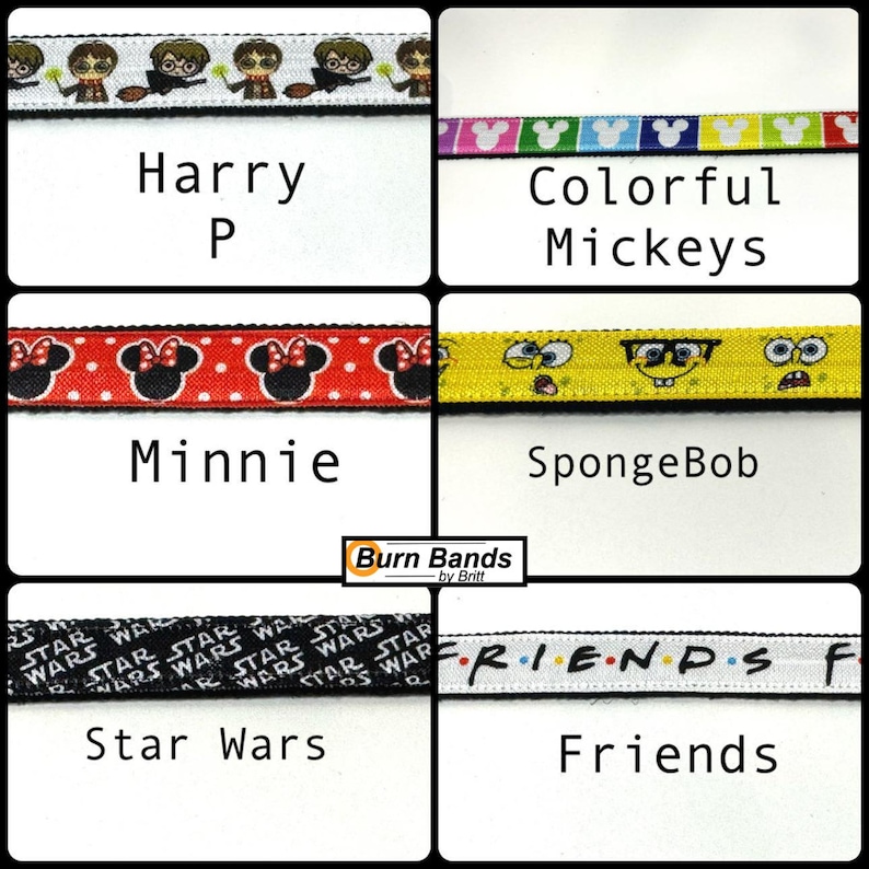 May include: A collage of six different colourful fabric ribbon designs. The designs include Harry Potter, Mickey Mouse, Minnie Mouse, SpongeBob SquarePants, Star Wars, and Friends.