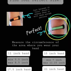May include: A guide to finding the perfect size for an arm band. The guide includes a chart with different band sizes and their corresponding minimum and maximum arm circumference measurements in inches.