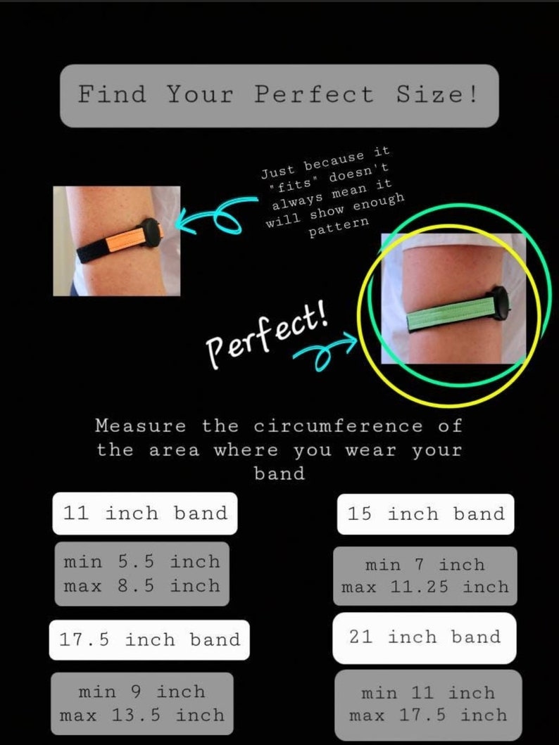 May include: A guide to finding the perfect size for an arm band. The guide includes a chart with different band sizes and their corresponding minimum and maximum arm circumference measurements in inches.