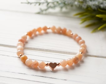6mm Sunstone Bracelet with Rose Gold Petite Heart Gemstone bracelet - Brightness, Happiness, Fortune, Self-empowerment