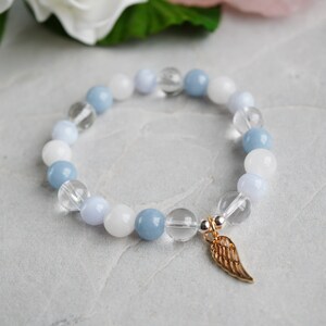 Angelite & Blue Lace Agate with gold wing Angelic Bracelet - Meditation, Crystal Healing