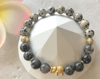Fossil Coral & Dalmatian Jasper Gold Elephant Bracelet - Grounding, Protection, Joy | Crystal Healing, Yoga