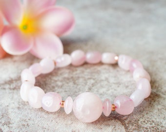 14mm Rose Quartz Gemstone & Pebble Stone Bracelet -  Unconditional Love, Inner Peace, Heart Chakra Stone, Crystal Healing