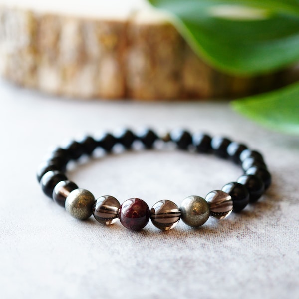 Morion Mega Protection Bracelet 8mm with Smoky Quartz, Pyrite & Garnet Gemstone Bracelet - Strongest Talisman, Protection HSP, Empath