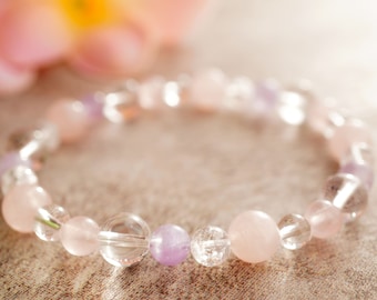 Clear Quartz & Rose Quartz and Lavender Amethyst Crystal Bracelet - healing, purification, calmness, love, meditation