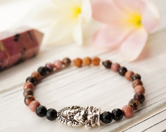 Lord Ganesha & Rudraksha: Rhodonite/Onyx Good Fortune Bracelet - Yoga bracelet, Mala bracelet, Meditation, Mantra chanting, Healing Bracelet