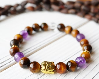 Gold Buddha Tiger's eye & Amethyst Ethnic Bracelet - Meditation, Crystal Healing, Yoga, Protection, Focus, Prosperity, Buddhist Bracelet