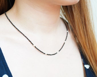 Faceted Black Spinel Gemstone Thin Necklace - encouragement, success, insights, Kundalini