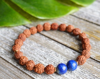 Men's Rudraksha & Lapis Lazuli Power Bracelet - Yoga bracelet, Mala bracelet, Meditation, Mantra chanting, Protecting Rudraksha Japa Mala