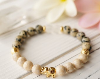 Riverstone & Dalmatian Jasper Gold Elephant Good Luck Bracelet - Meditation, Crystal Healing, Yoga