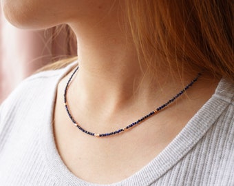 Faceted Shiny Lapis Lazuli Thin Necklace / Minimalist Choker - Protection, Stress relief [925-Sterling-Silver/RG-Plated/Gold-Filled]