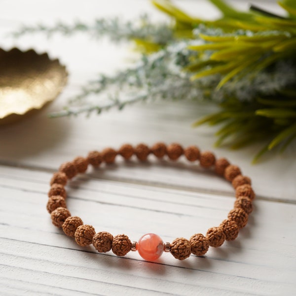 Rudraksha & Rhodochrosite Healing Bracelet - Yoga bracelet, Mala bracelet, Meditation, Mantra chanting, Protecting Rudraksha Japa Mala