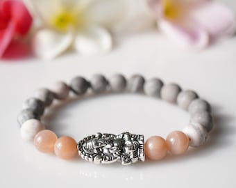 Lord Ganesha Sunstone & Zebra Jasper Good Fortune Bracelet - Meditation, Crystal Healing, Yoga, Prosperity, Wisdom, Elephant Bracelet