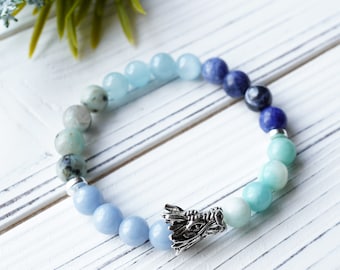 Silver Dragon Fortune Bracelet with Blue Stones: Angelite, Aquamarine, Ocean Jasper, Kiwi Jasper, Sodalite - Prosperity, Power, Good Luck