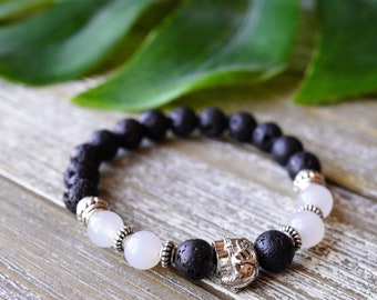 Lava stone & White Agate Elephant Bracelet - Yoga/Tibetan Style Boho Bracelet - Antique Silver and Black Lava Oil diffusing bracelet