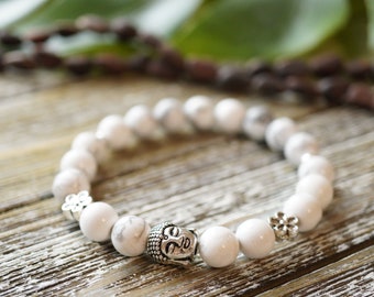 8mm White Howlite Buddha & Flower Bracelet: Boho Bracelet- Calming, Positivity, Patience - Yoga, Reiki, Meditation, Matching Bracelet