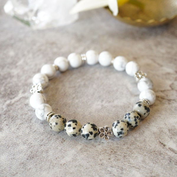 Dalmatian Jasper & White Howlite Flower Bracelet: Good Communication / Strengthen Energy - Yoga, Reiki, Meditation, Crystal Healing