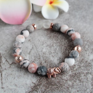 Pink Zebra Jasper & Elephant Good Luck Bracelet - Meditation, Crystal Healing, Yoga