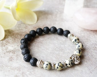 Dalmatian Jasper & Lava stone Elephant Bracelet - Yoga/Tibetan Style Boho Bracelet - Antique Silver and Black Lava Oil diffusing bracelet