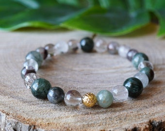 Green Rutilated Quartz and Inclusion in Quartz Crystal Healing Bracelet - cleanse aura, meditation, forgiveness, relieves anxiety