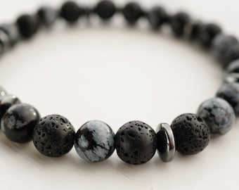 Snowflake Obsidian & Lava Stone with Hematite Men's Bracelet - Grounding, Protection, Balancing, Sooth Your Mind