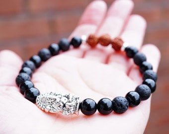 Lord Ganesha Men's Rudraksha Bracelet : Onyx, Lava - Yoga bracelet, Mala bracelet, Meditation, Mantra chanting, Protection Rudraksha Mala
