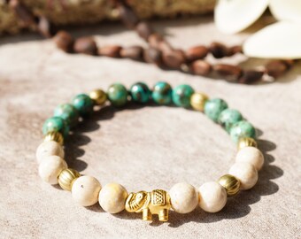Gold Elephant Riverstone & African Turquoise Ethnic Bracelet - Meditation, Crystal Healing, Yoga, Prosperity, Evolution, Elephant Bracelet