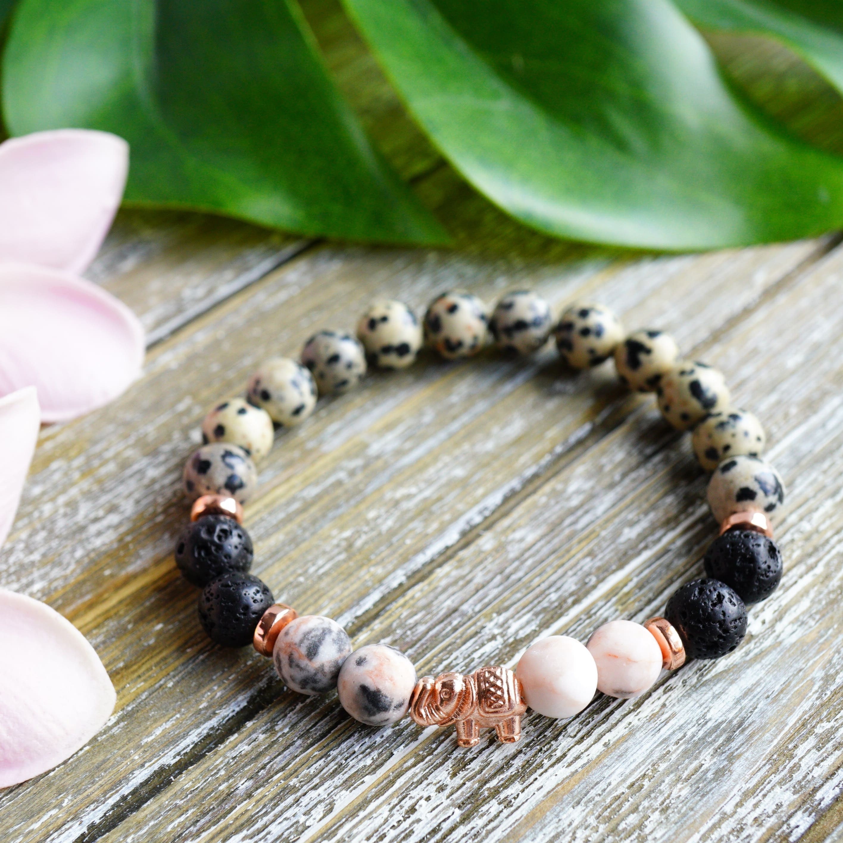 Pink Zebra Jasper & Lava Stone Mala Bracelet, Crystal  Mahogany Obsidian, Dalmatian Jasper, Pink Zebra, Lepidolite Mala ID Bracelet main image 1