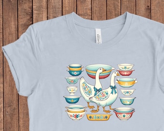 Retro Blue Ribbon Goose and Pyrex T-Shirt  - Vintage Pyrex - Grandma Kitchen - Gift for Grandma - Gift for Mom - Vintage Kitchen Decor Tee
