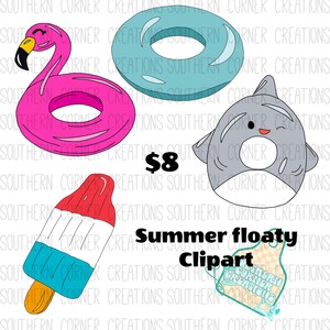 May include: A collection of summer-themed clipart featuring a pink flamingo float, a blue inner tube, a gray shark float, and a red, white, and blue popsicle. The text "Summer floaty Clipart" is also included.