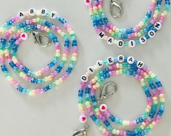 Personalized Face Mask Lanyard, Pastel Rainbow Mask Chain For Women, Face Mask Necklace, Beaded Mask Strap, Pastel Name Necklace for Kids