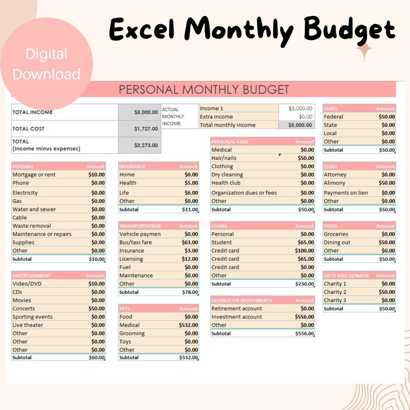 Excel spreadsheet budget template free Etsy de
