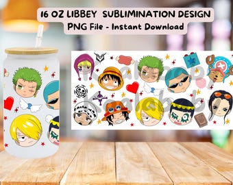 Straw hat Op Anime Cup Ninja  16oz Libbey glass can wrap, PNG, Download, anime, Cartoon, Chibi, Kawaii, sublimation, UV DTF, Christmas