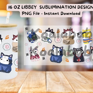 Envoltorio de lata de vidrio Libbey de 16 oz con diseño de gato Nekko Ninja de Anime Kawaii, PNG, Descargar, anime, Dibujos animados, Chibi, Kawaii, Sublimación, UV DTF, Navidad