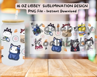 Anime Kawaii Cat Nekko Ninja  16oz Libbey glass can wrap, PNG, Download, anime, Cartoon, Chibi, Kawaii, sublimation, UV DTF, Christmas