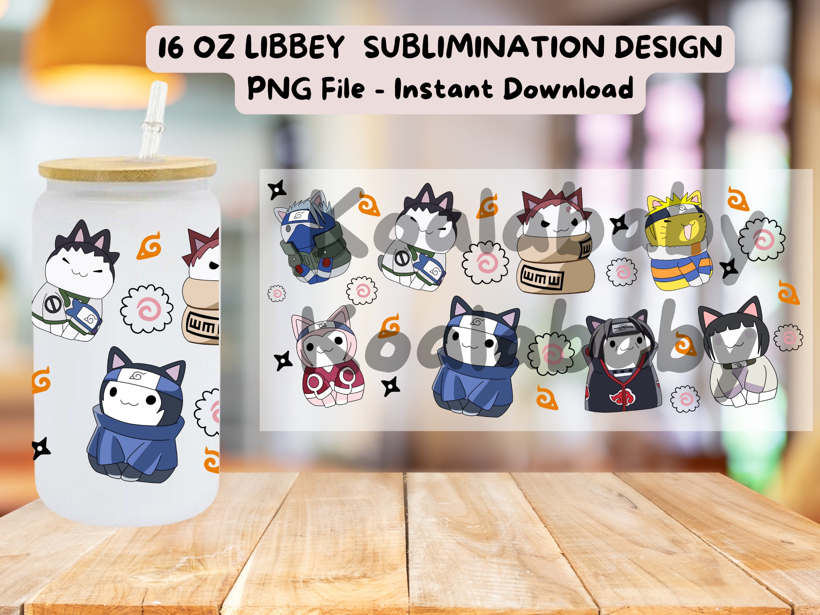 Anime Kawaii Cat Nekko Ninja 16oz Libbey Glass Can Wrap, PNG Anime Kawaii Cat Nekko Ninja 16oz Libbey Glass Can Wrap, PNG