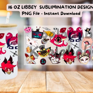 Hazbin Hotel 16oz Libbey glass can wrap, PNG, Descargar, anime, Dibujos animados, Chibi, Kawaii, sublimación, UV DTF, Spooky Season, Alastor