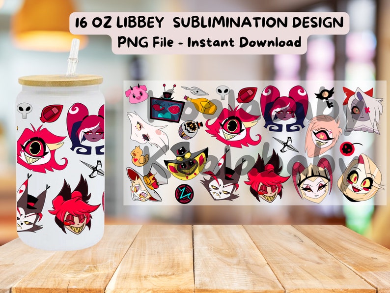 May include: A white 16 oz.  Libbey sublimation design tumbler with a bamboo lid and a straw. The tumbler is covered in a repeating pattern of cartoon faces with red, pink, and black colors. The text "16 oz Libbey Sublimation Design PNG File - Instant Download" is at the top of the image.