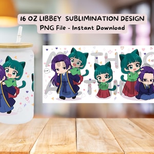 Könnte beinhalten: Ein mattiertes Glas mit Bambusdeckel und transparentem Strohhalm, verziert mit einem Sublimationsdesign von Anime-Figuren mit türkisfarbenen Katzenohren und violettem Haar. Der Druck enthält kleine Herzen und Sterne, wobei der Text 16 OZ LIBBEY SUBLIMATION DESIGN PNG File - Instant Download über dem Glas zu sehen ist.