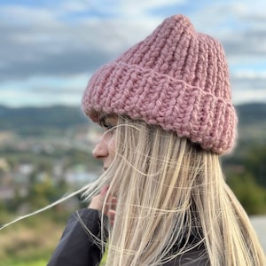 Cozy women&#39;s pink knitted winter hat, Oversized chunky knit beanie, Pink Navy Cream Hat, Winter Essential Cute Fashion Gifts,