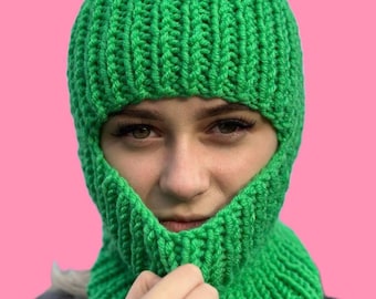 Pasamontañas de punto hecho a mano: ropa cálida y verde para el invierno