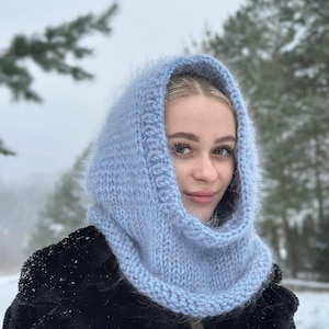 Hand-Knitted Oversized Mohair and Semi-Wool Hood Hat – Soft, Cozy, and Stylish Winter Accessory