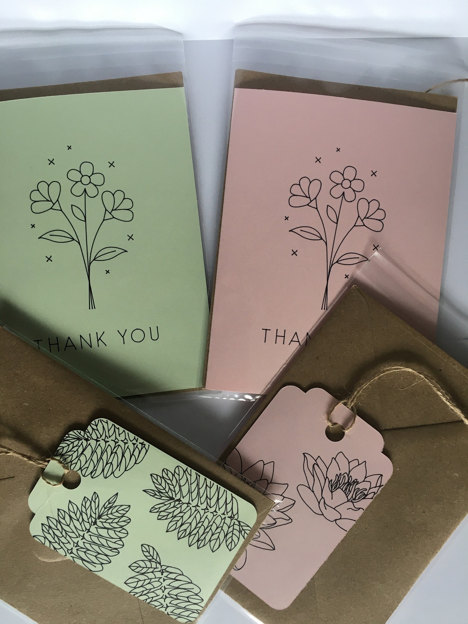 Handmade TWO Flower Thank You Cards in Pink and Green with