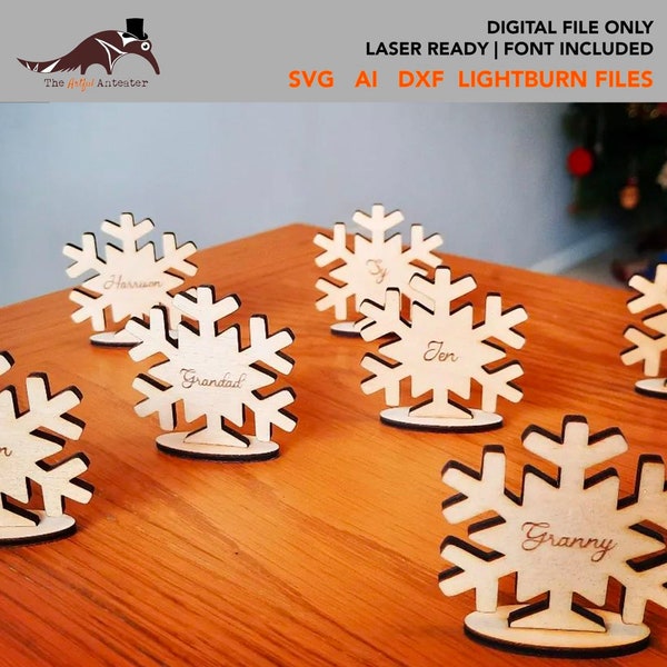 Snowflake Table Place Name Decoration Ornament Laser Ready Template SVG DXF Laser Cut Files & Font